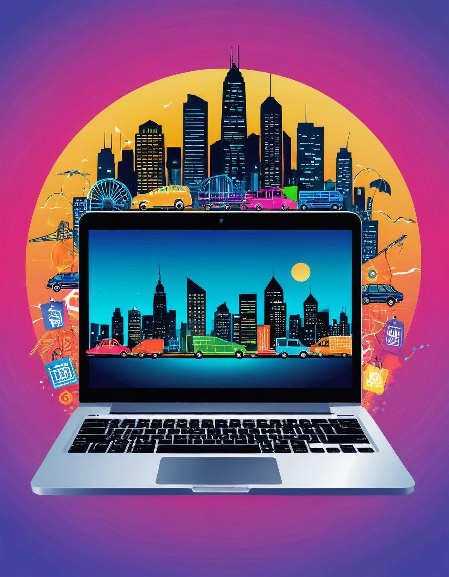 A vibrant and dynamic collage showcasing the evolution from sleek UI/UX design to fully integrated e-commerce solutions; include a laptop with a UI/UX design interface, a shopping cart with digital products, and an Asian city skyline in the background. Use colorful, modern aesthetics with a touch of technology. Vector art. vibrant colors.