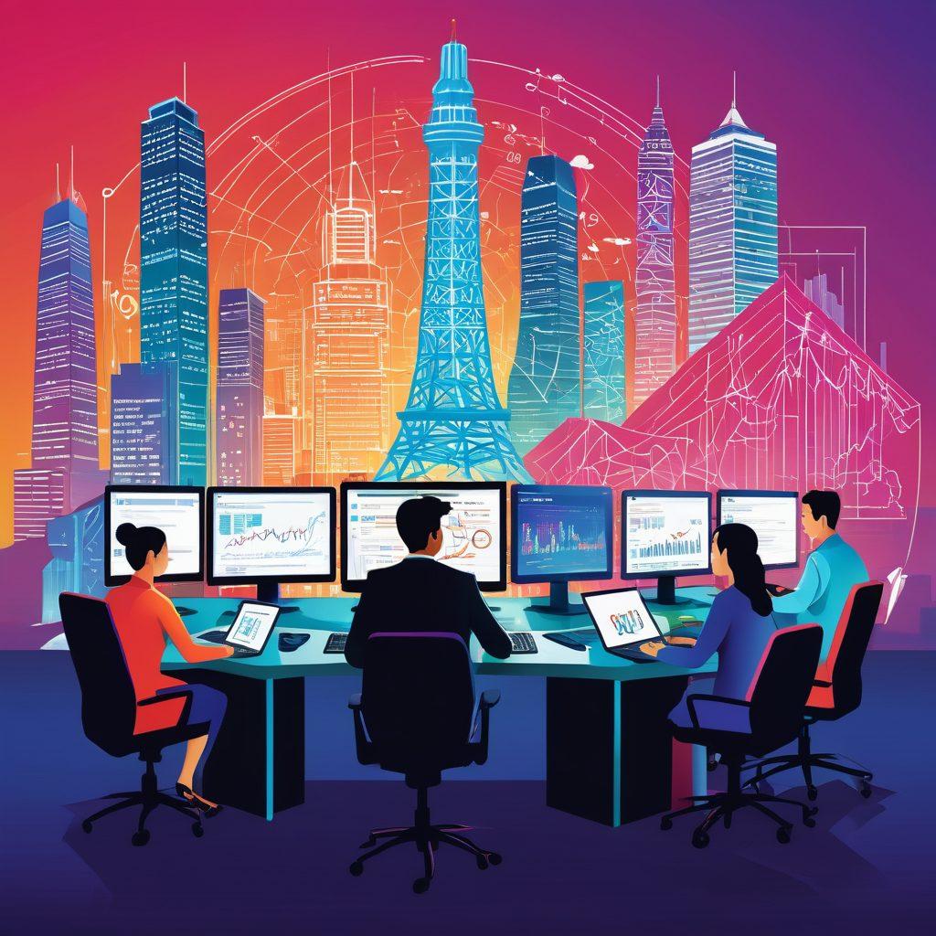 A dynamic scene of diverse Asian professionals collaborating on high-tech digital solutions, with laptops, tablets, and large screens displaying web development codes and SEO graphs. Include iconic Asian landmarks subtly in the background, symbolizing regional expertise and innovation. A blend of traditional and modern design elements. vibrant colors. vector art.