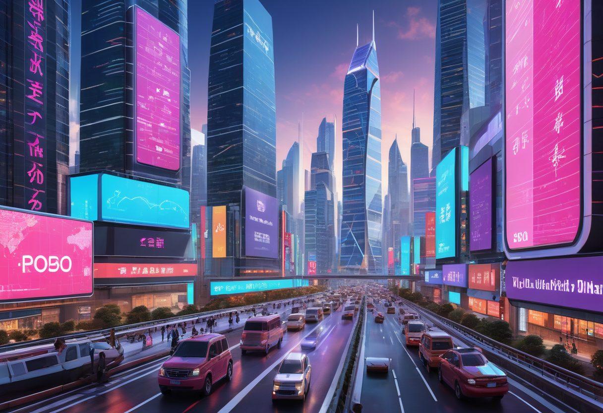 A dynamic, bustling Asian business district with towering skyscrapers adorned with digital billboards showcasing SEO graphs and metrics, an Asian expert delivering a compelling presentation to a multinational audience. Super-realistic. Vibrant colors. High-tech atmosphere. 3D.